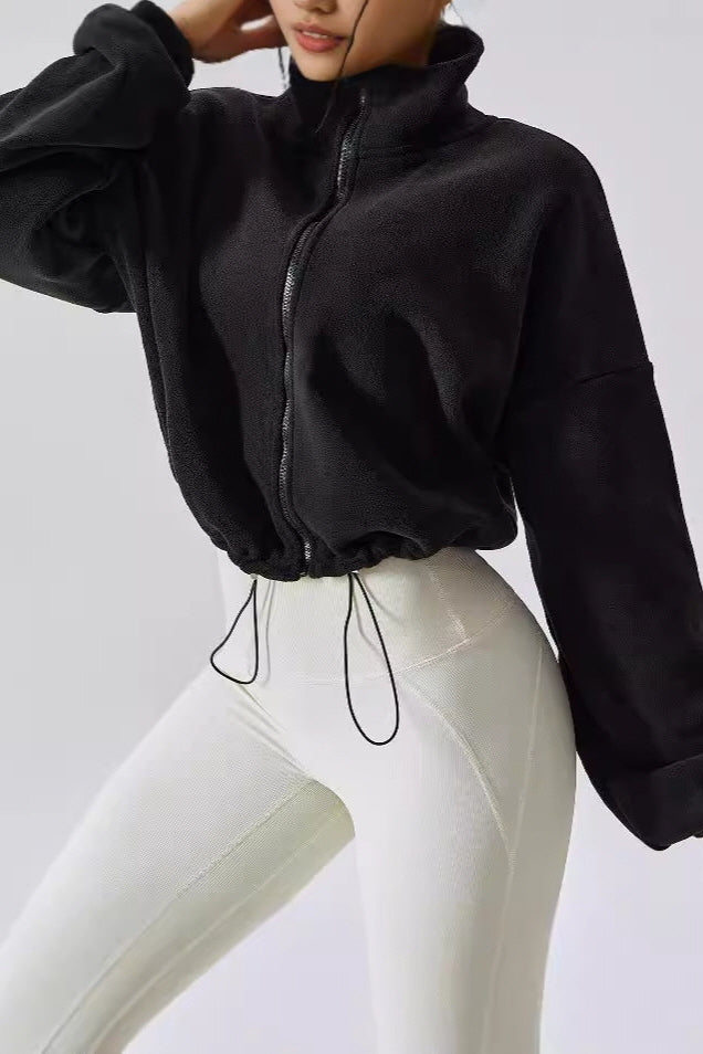 Drawstring Fleece High-Neck Top
