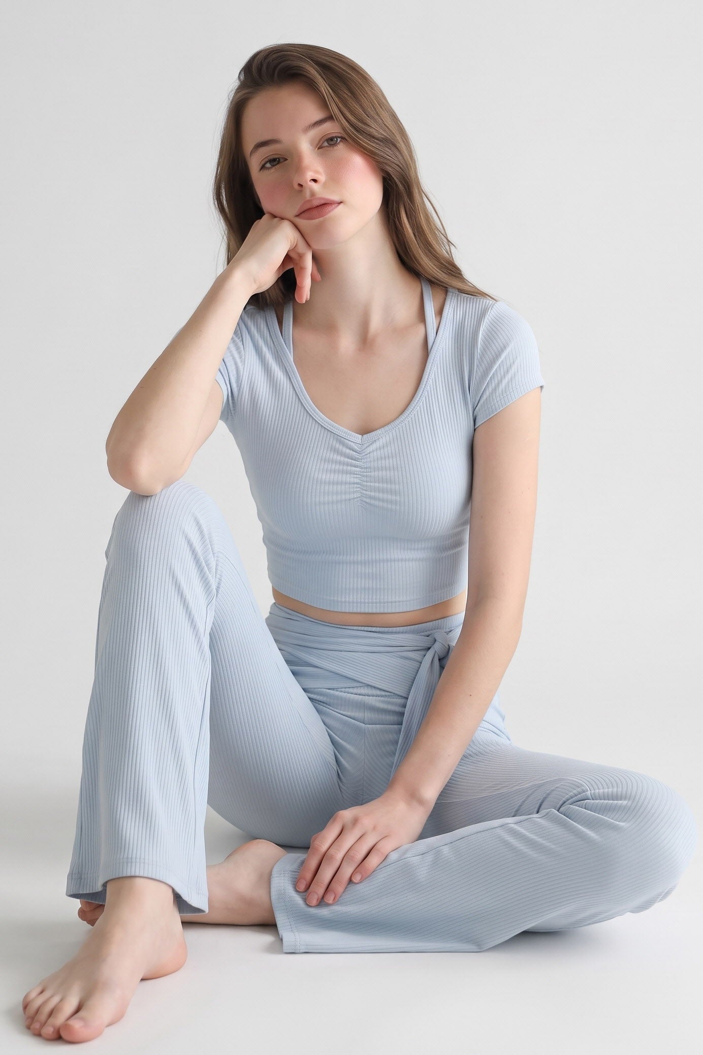 Shanti Tie-Waist Ribbed Flare Pants